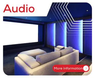 Modern home theater with a large screen, cozy sofa, and blue accent lighting; Audio text above.