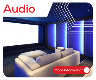 Modern home theater with a large screen, cozy sofa, and blue accent lighting; Audio text above.