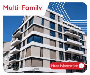 Modern multi-family apartment building with large windows, under a clear blue sky, and a More Information button.