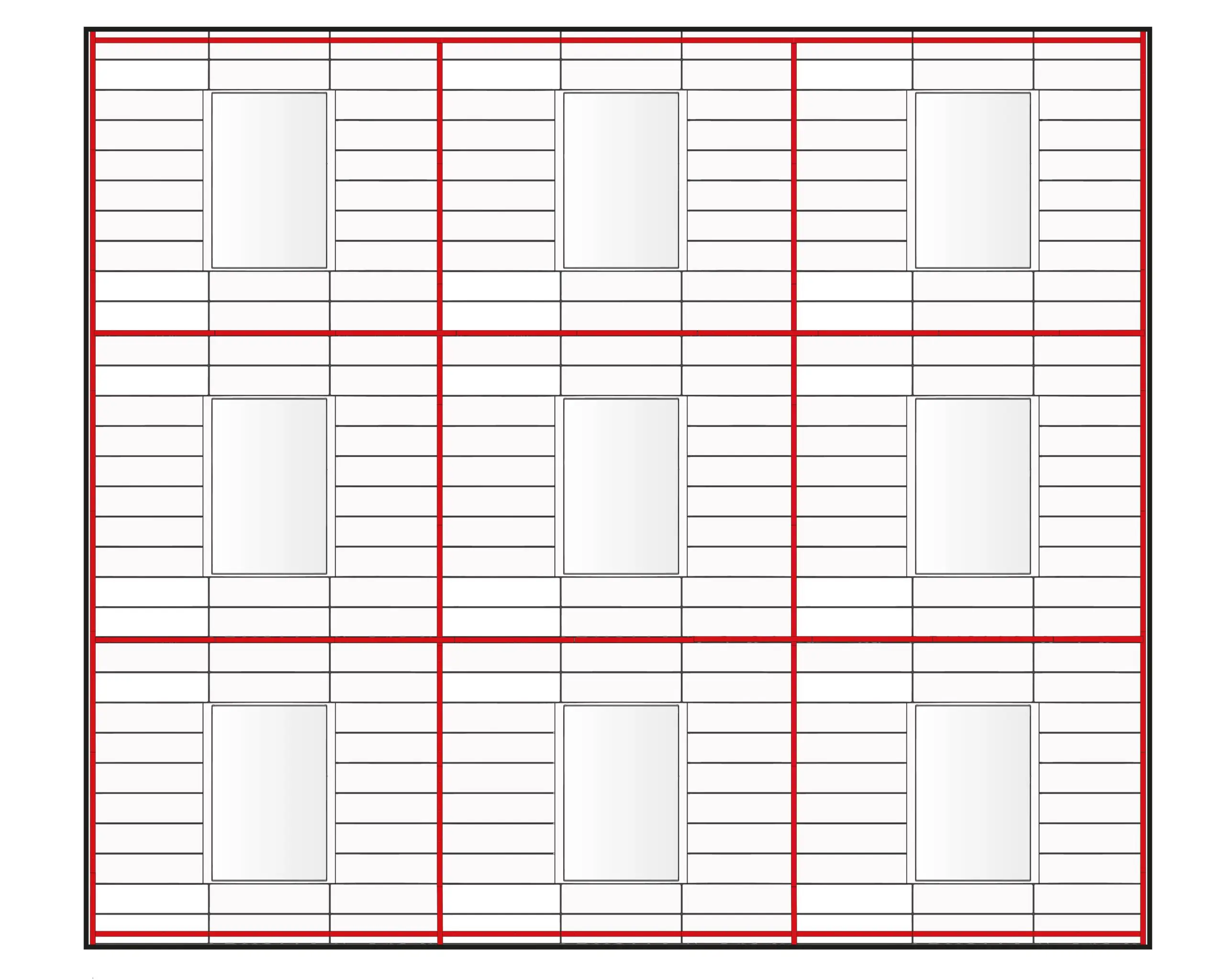 Rectangular grid with three thick red vertical and three horizontal dividing lines.
