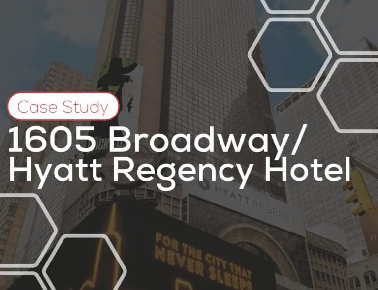 Hyatt Regency Hotel and nearby tall buildings with the text "1605 Broadway/Hyatt Regency Hotel.