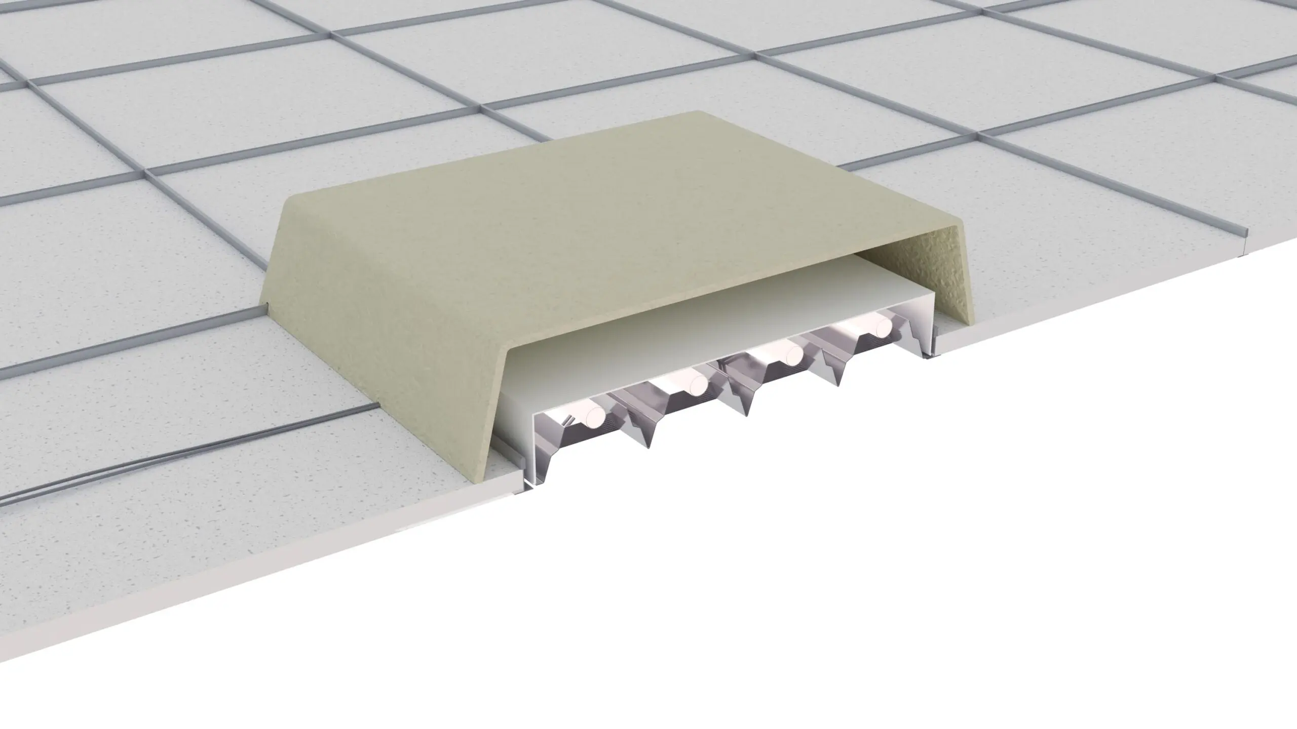 Tiled floor cross-section showing an expansion joint topped with a beige cap.