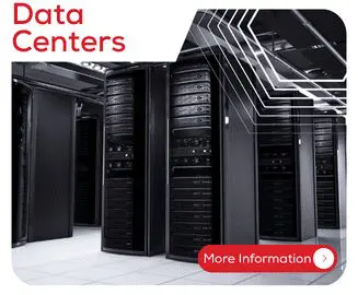 Rows of black server racks in a data center with Data Centers text and a More Information button.