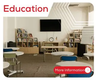 Classroom with round tables, chairs, bookshelves, TV, and a whiteboard; Education text at the top.