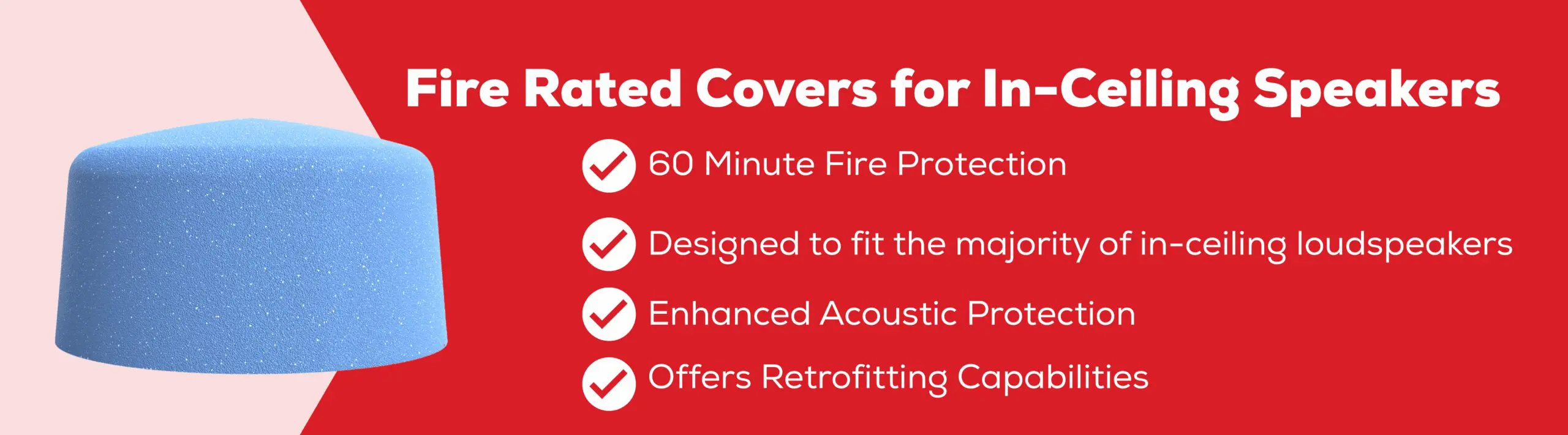 Blue in-ceiling speaker fire cover with key features listed on a red and cream background.