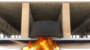 A fire burns beneath a building floor with insulation material protecting the structure above.