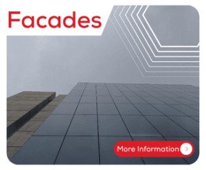 A modern building facade with reflective glass panels and Facades text in bold red letters.