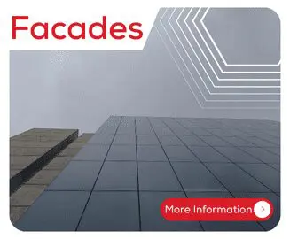 A modern building facade with reflective glass panels and Facades text in bold red letters.