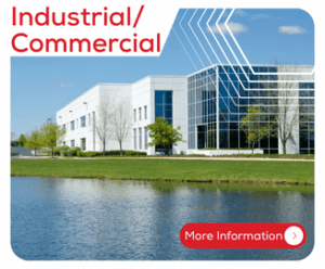 Modern white office building by a pond, labeled Industrial/Commercial. More Information button shown.