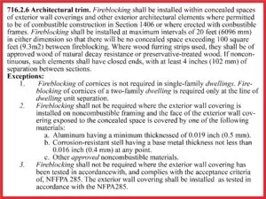 A red-bordered code excerpt details fireblocking requirements and exceptions for architectural trim installations.