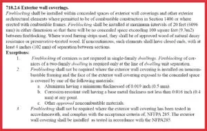 Section of building code 718.2.6 on exterior wall coverings, with highlighted exceptions listed in a red box.