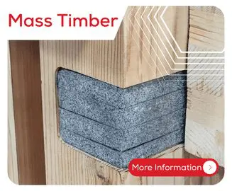 Close-up of a mass timber joint with a gray insulation layer, and text reading Mass Timber and More Information.