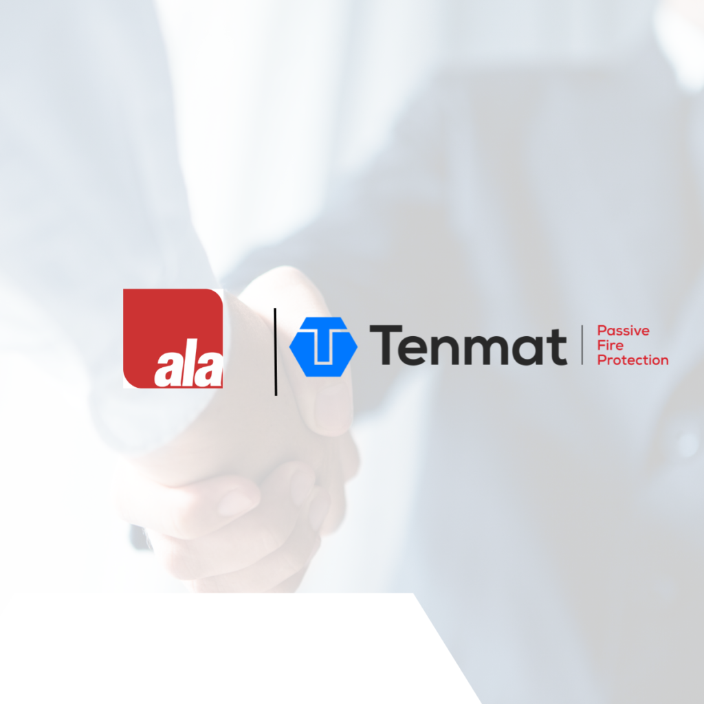 Two people shaking hands with the ALA and Tenmat Passive Fire Protection logos in the foreground.