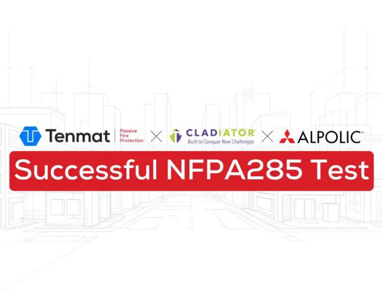 Tenmat, Cladiator, and Alpolic logos displayed above the text: Successful NFPA285 Test.