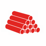 Red illustration of pipes stacked in a triangular pyramid formation.