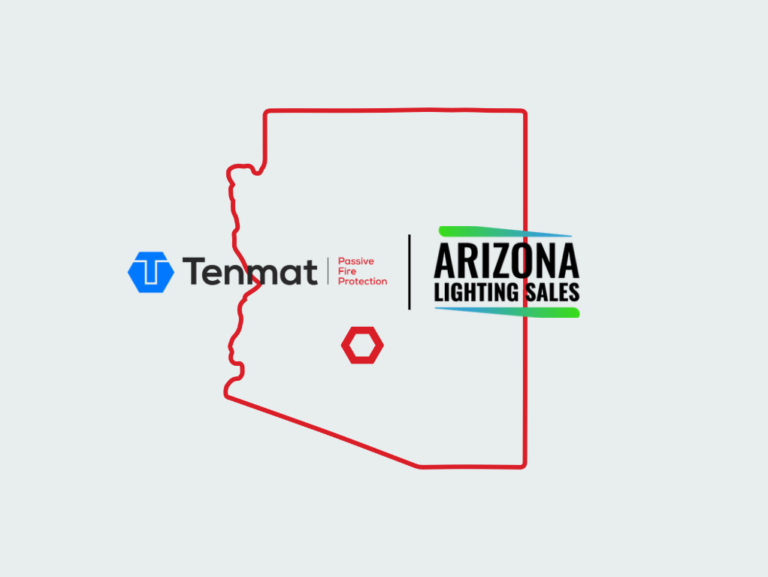 Outline of Arizona with Tenmat and Arizona Lighting Sales logos inside.