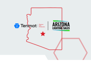 Outline of Arizona featuring the Tenmat and Arizona Lighting Sales logos, with a red star in the center to highlight Arizona Sales.