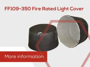 Two black, dome-shaped fire rated light covers with text: FF109-350 Fire Rated Light Cover.