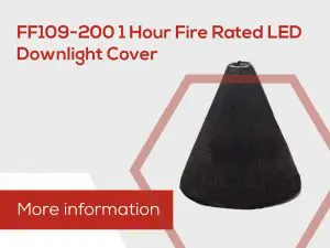 Black cone-shaped LED downlight cover with text: FF109-200 1 Hour Fire Rated LED Downlight Cover.