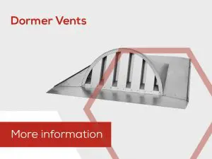 A metal dormer vent with vertical slats and a curved top, designed for effective airflow, labeled Dormer Vents. Ideal for use alongside bird block vents.