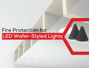Ceiling cross-section showing LED wafer light with fire protection cones and text overlay about LED light safety.