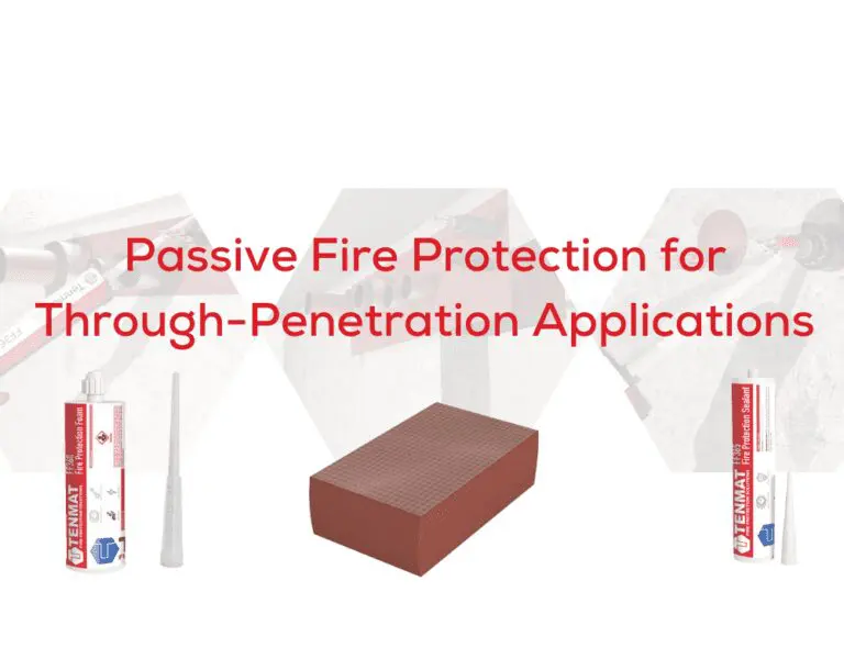 Red text reads “Passive Fire Protection for Through-Penetration Applications” above fire safety products and a brick.