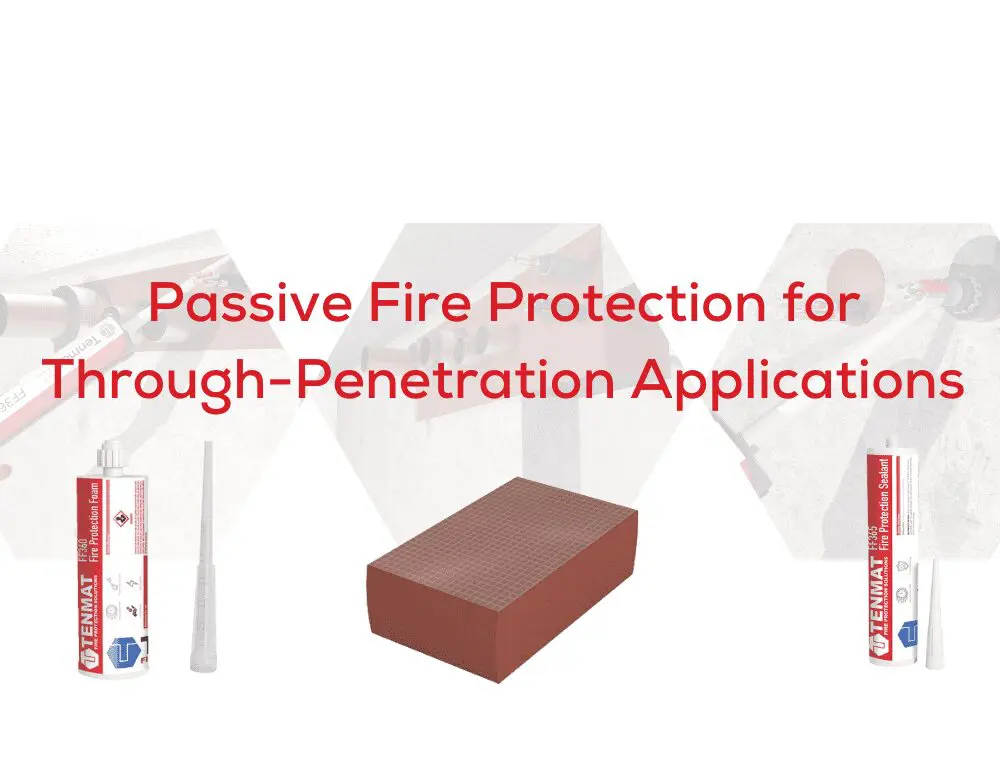 Red text reads “Passive Fire Protection for Through-Penetration Applications” above fire safety products and a brick.