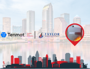 Skyline view with Tenmat and Taylor Architectural Products logos; fire protection image inside a red location pin.