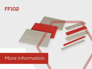 Several rectangular red and beige material strips labeled FF102, designed for passive fire protection, with a More information text box.