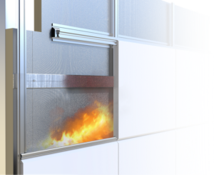 Flames burning behind a glass window in a white and metal wall with a fire safety barrier.