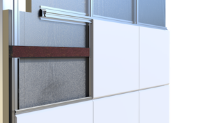 Cross-section of a modern building wall showing metal framing, insulation, and exterior panel cladding.