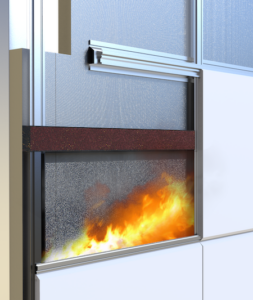 Illustration of a fire barrier in a building wall, blocking flames from spreading between floors.