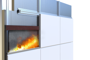 Cross-section of a building wall showing flames behind cladding, featuring a fire barrier that illustrates essential fire protection measures.