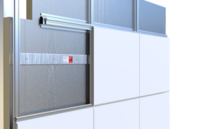 Sliding glass window with white panel walls and a horizontal metal bar above the window.