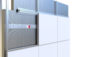 A close-up of a modern wall panel system with metal framing and white panels, featuring a mesh section.