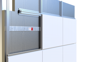 Close-up of a modern wall featuring metal mesh, white panels, and a horizontal sliding fire barrier mechanism.