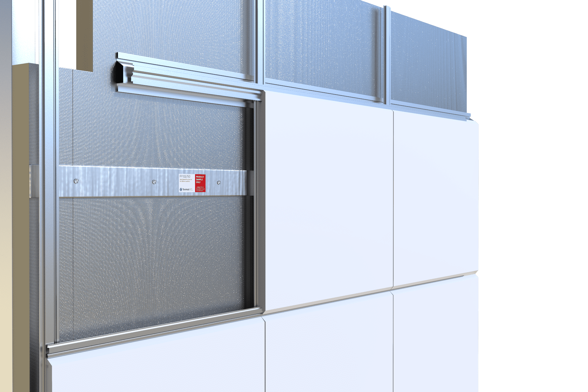 Modern wall system with white panels, metal frame, and top sliding mechanism.