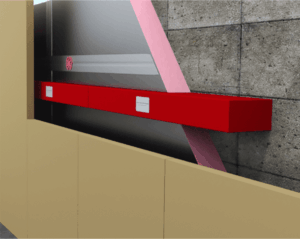 Red Fire Barrier on a wall with gray tiles and beige panels in a modern space.