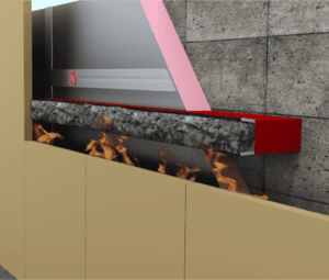 Fire and red Fire Barrier shown in cross-section behind the exterior wall panel.