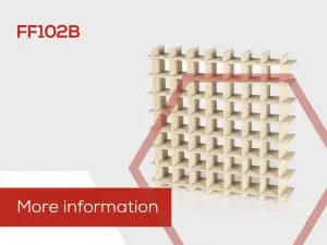 A beige grid-like structure, highlighting “FF102B” and “More information” in red text on a white background, showcases a solution for passive fire protection.