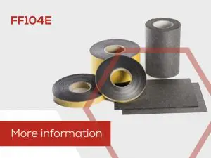 Rolls and sheets of industrial tape, labeled FF104E, designed for passive fire protection. More information button included.