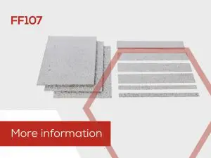 Stacked and separated grey rectangular sheets labeled FF107, designed for passive fire protection, with More information in red text.