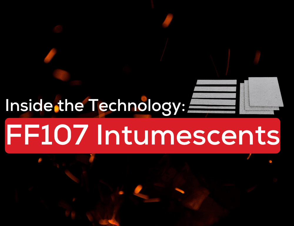 FF107 Intumescents: glowing embers, grey layered panels, black background.