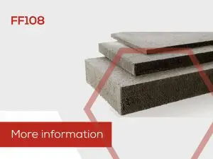 Three stacked grey rectangular fiber cement boards, labeled FF108, designed for passive fire protection. More information text.