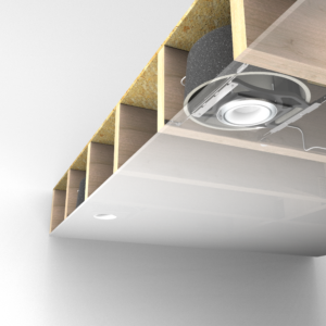 Cutaway view of a ceiling showing a recessed light fixture installed between wooden joists.