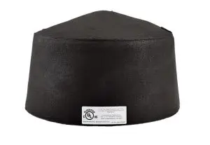 A black cylindrical felt hat with a flat top and a white label on the front, reminiscent of the clean lines found in recessed light covers.