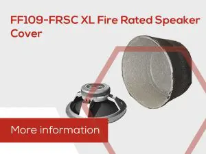 Speaker cover and ceiling speaker enclosure shown with text: FF109-FRSC XL Fire Rated Speaker Cover. More information.