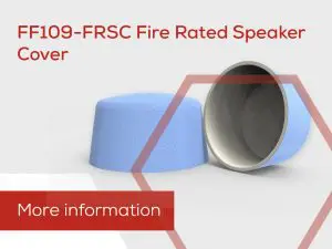 Two blue fire-rated ceiling speaker enclosures, one upright and one showing the inner side, with text above and below.