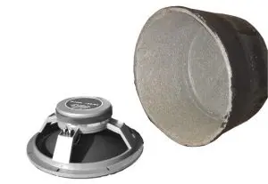 A speaker and an empty cylindrical in-ceiling speaker cover are placed side by side on a white background.