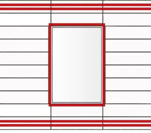 A rectangular window with a red frame on a white wall with black and red horizontal lines.
